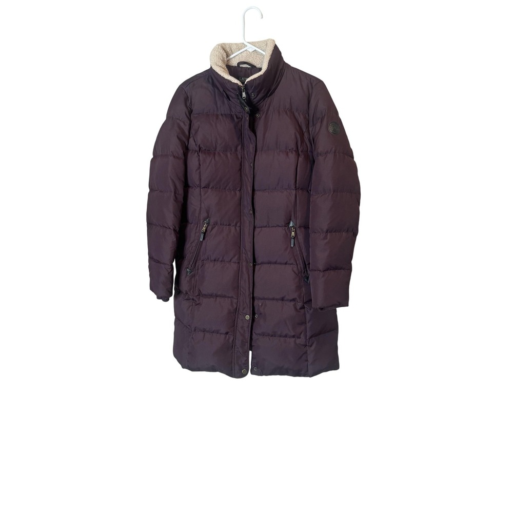 Lauren Ralph Lauren Puffer Coat Womens Medium Purple Down Long Zip Sherpa